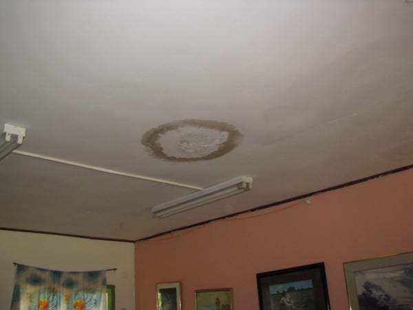 Water damage on the ceiling from a leaky roof