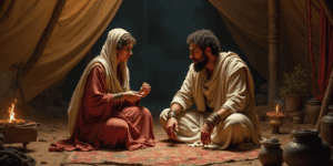 Rebekah in the Bible, wife of Isaac, instructing her son Jacob